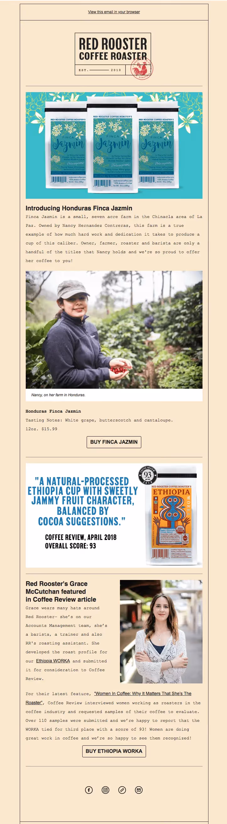 Red Rooster Coffee Roaster email highlighting Honduras Finca Jazmin and Ethiopia Worka with tasting notes.