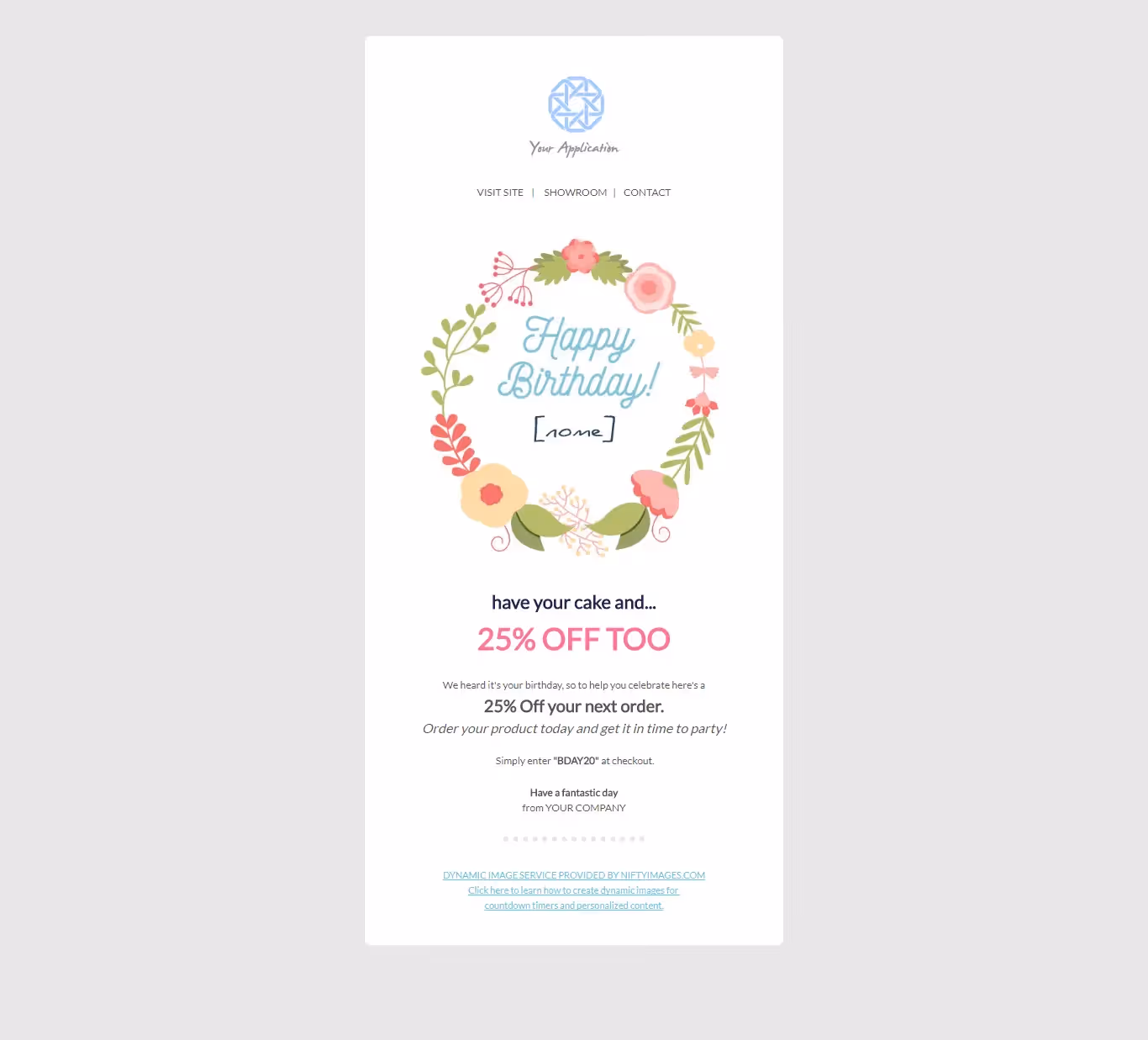 Floral birthday email template with personalized greeting and 25% off discount offer for celebratory shopping.