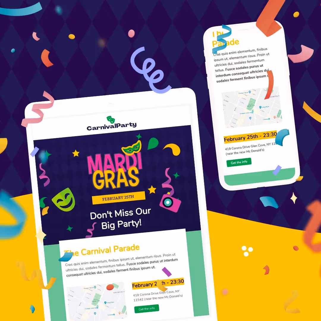 Colorful Mardi Gras email invitation template with masks, confetti, and bold text promoting a festive Fat Tuesday celebration event.