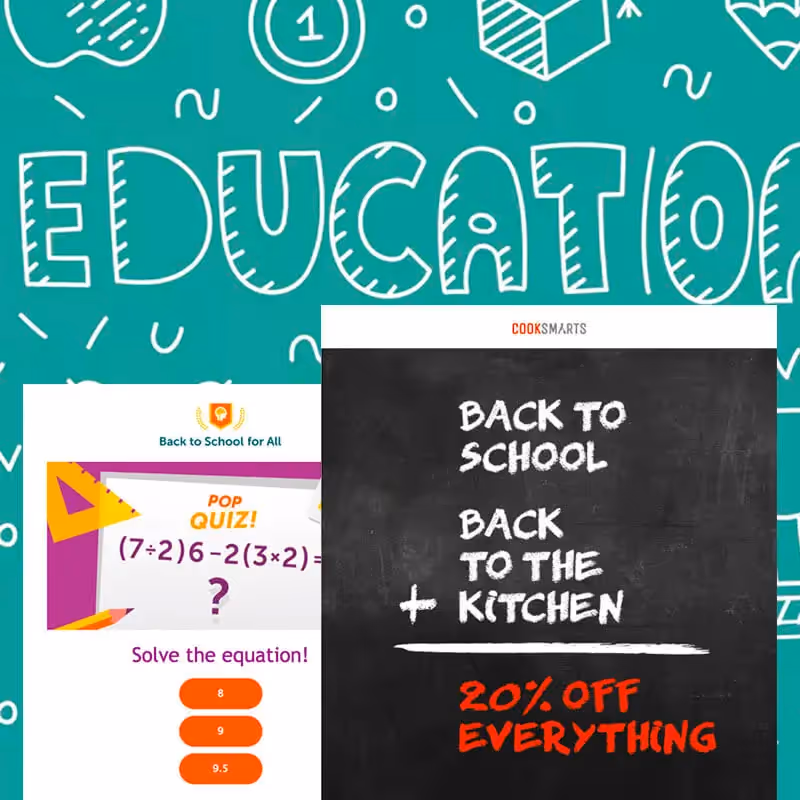 Back to school sale email with chalkboard text offering 20% off and a math quiz promoting school-themed discounts.