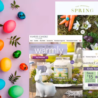 Easter email ads with Yankee Candle spring scents, flowers, chocolate bunnies, and colorful eggs on a pastel background.