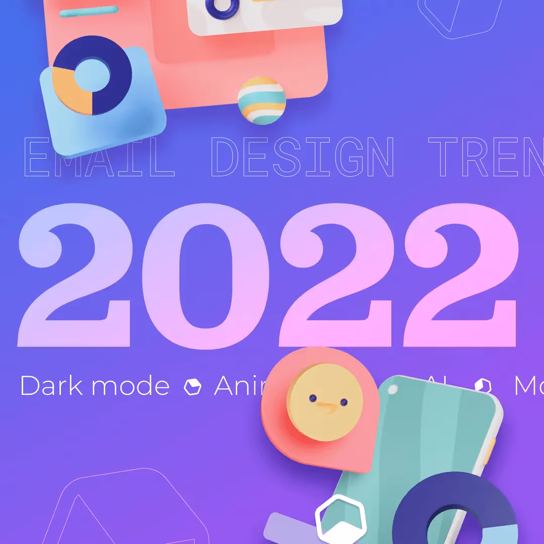 Purple-gradient banner labeled “EMAIL DESIGN TRENDS 2022” with icons for dark mode, animations, AI, and mobile design