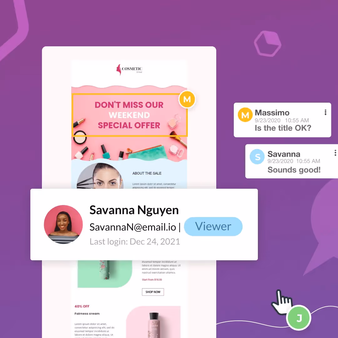 Email design interface showing team feedback and collaboration on a weekend special offer campaign.