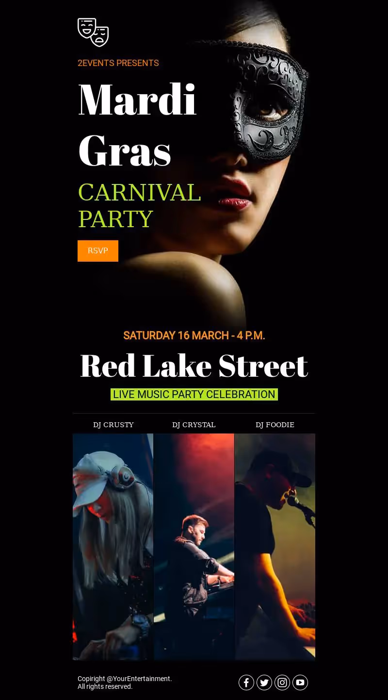 Mardi Gras Carnival Party flyer with DJs, live music, and RSVP details for March 16 at Red Lake Street.