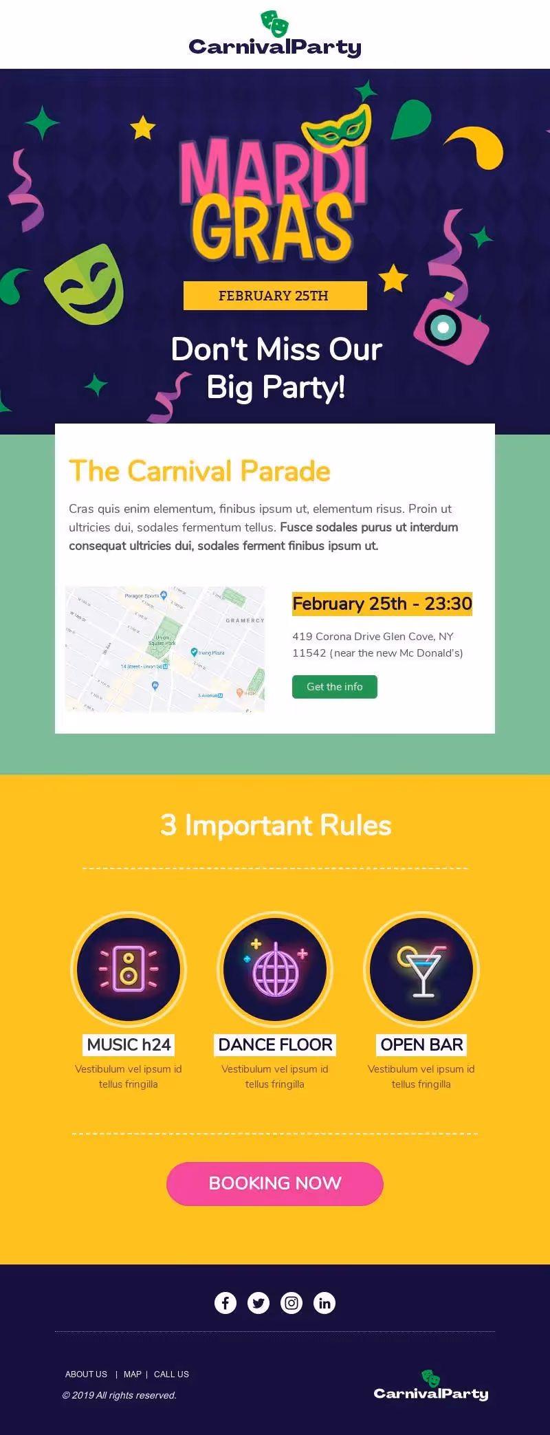 Colorful Mardi Gras party invite for Feb 25 with music, dance floor, open bar, and parade details.