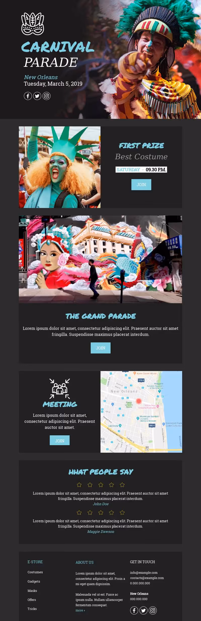 Carnival Parade flyer for March 5 in New Orleans with costume contest, parade, meetup, and testimonials.