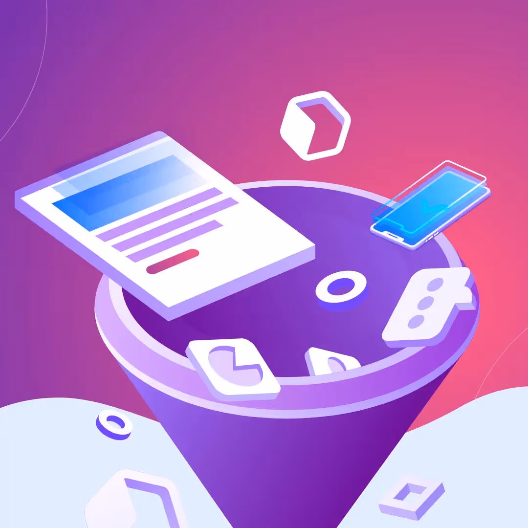 Email funnel graphic: Isometric email funnel on gradient background with email template, poll & analytics icons flowing into a purple funnel