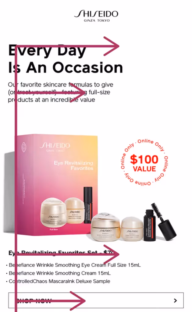 Shiseido Eye Revitalizing skincare promo with $100 value set, product image, and "Shop Now" call-to-action.