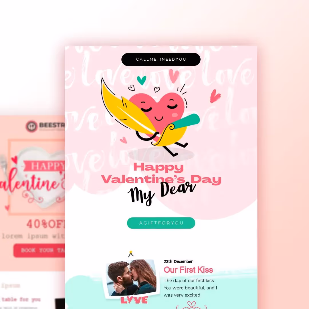 Valentine's Day email template with heart character holding a pencil and text saying “Happy Valentine’s Day My Dear.”