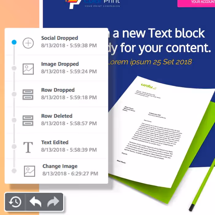 Email editor interface highlighting the new undo feature with a change history panel and rocket graphic.