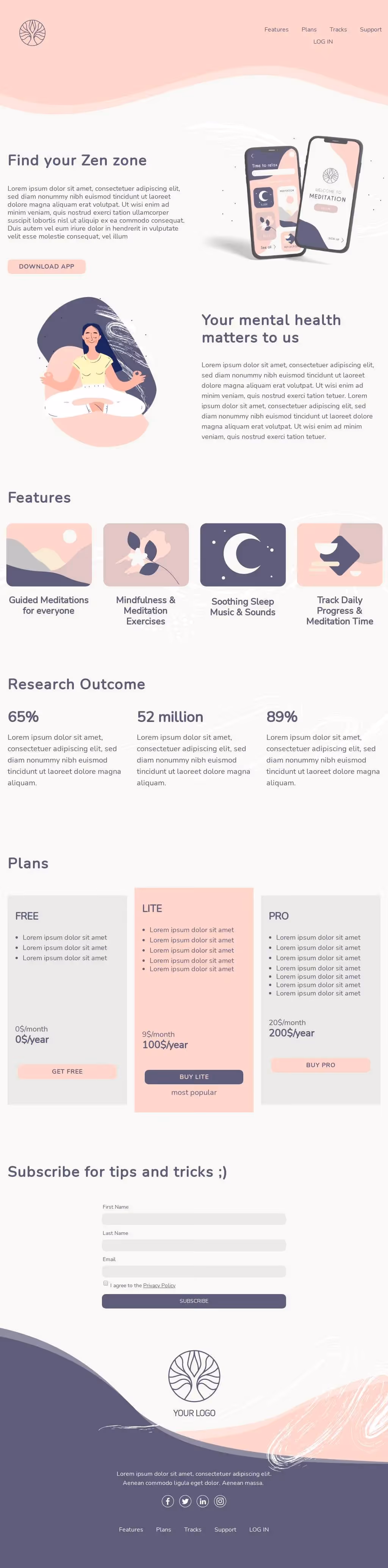Meditation app landing page with mental wellness features, guided tracks, pricing plans, and email subscription form.