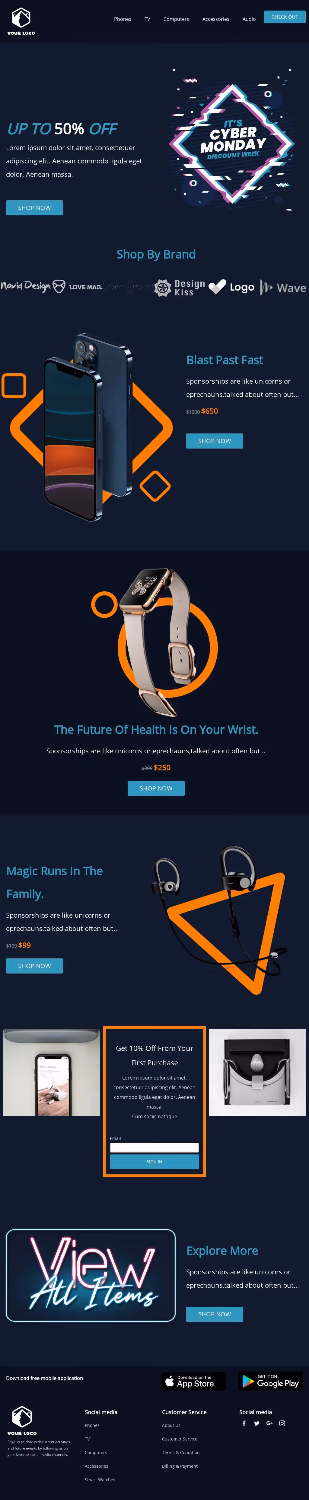 Cyber Monday tech deals landing page with discounts on phones, smartwatches, earbuds, and brand highlights.