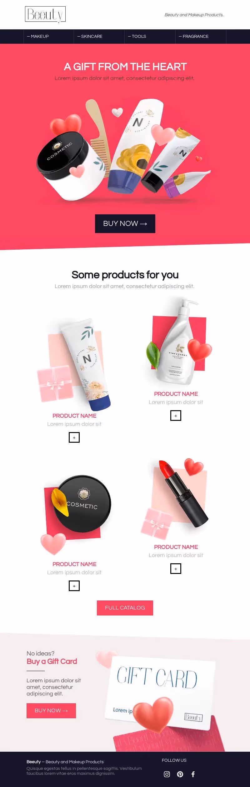 Valentine-themed beauty promo featuring makeup, skincare products, and gift cards—perfect for heartfelt gifting.