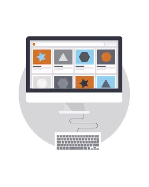 Illustration of desktop computer with grid of colorful shapes on screen, symbolizing inspiration from top 10 email design Pinterest boards.