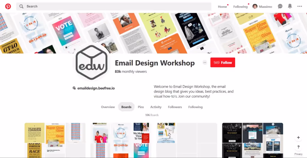 Pinterest board for Email Design Workshop by Beefree.io, featuring email design inspiration, tips, and visual how-to guides for marketers and designers.