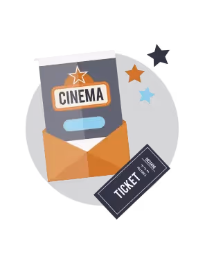 Illustration of cinema popcorn bucket and movie ticket with stars, symbolizing top email design tips for movie promotions and campaigns.