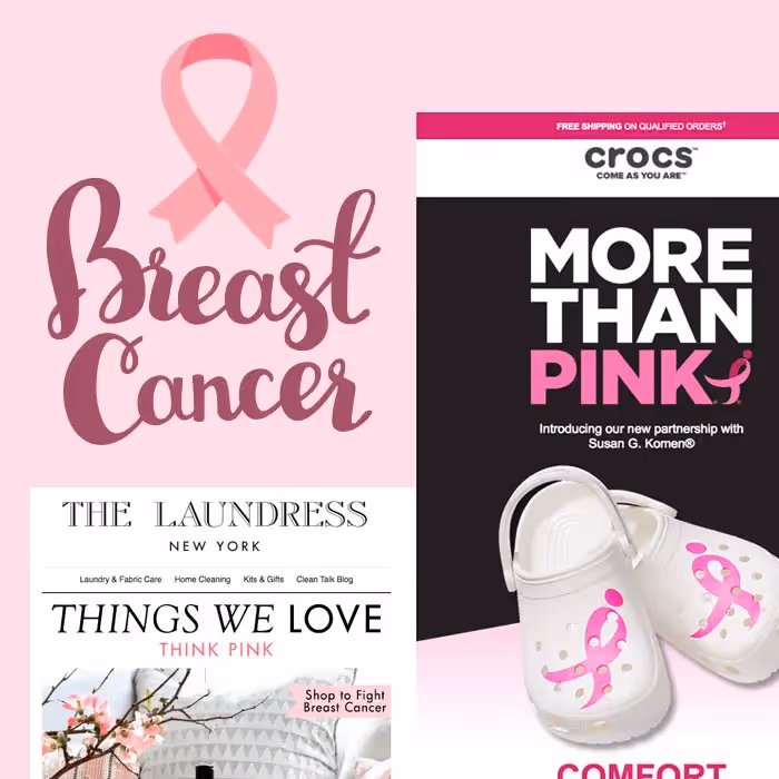 Breast Cancer Awareness Month emails featuring pink ribbons and brand campaigns supporting cancer research.
