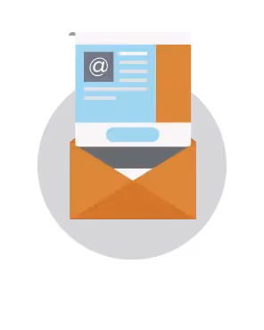 Fundraising donation email marketing graphic: orange envelope with two blue email templates showing “@” icons, text lines, and a button.