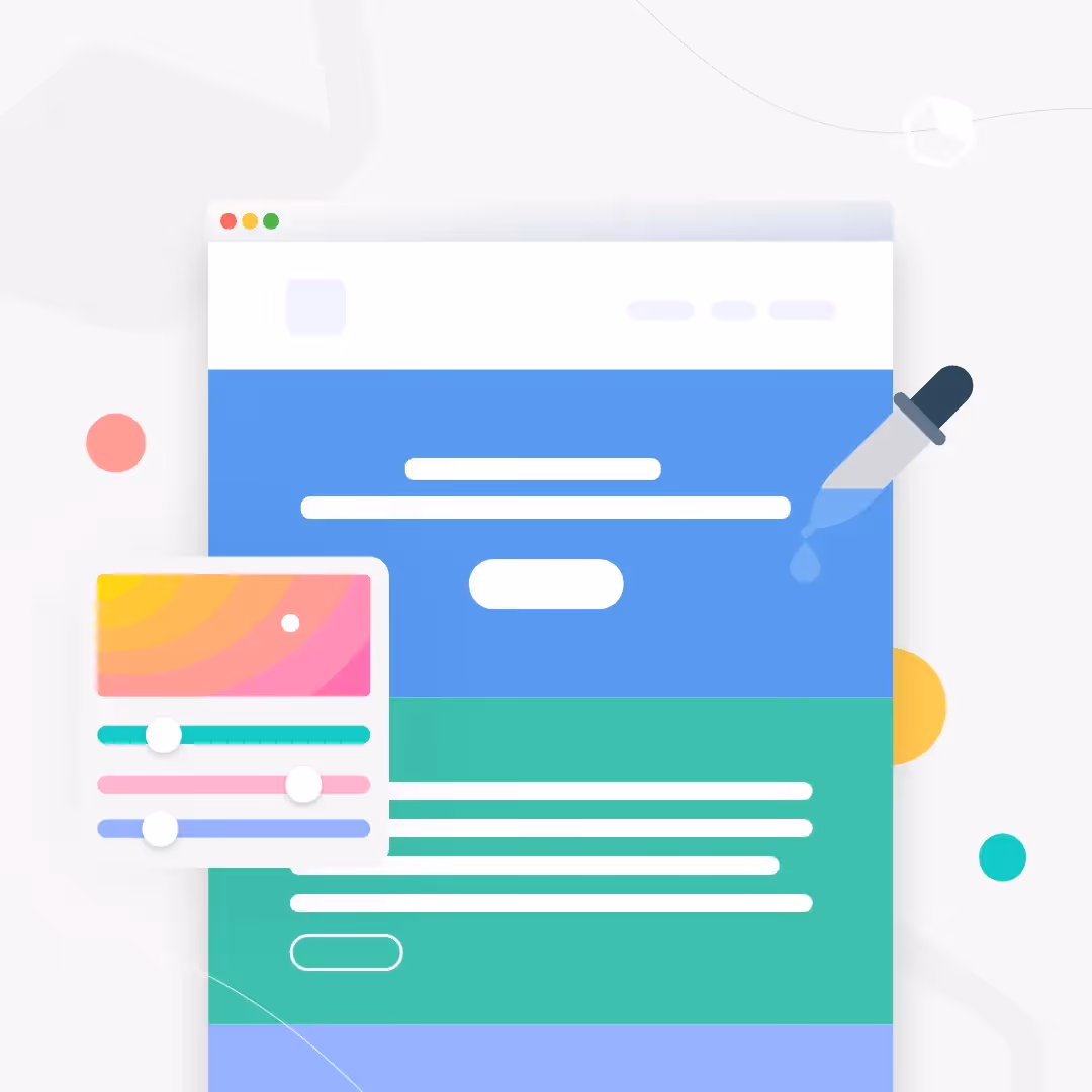 Email template mockup with pipette dripping color onto blue/green blocks and slider panel for HTML background colors.