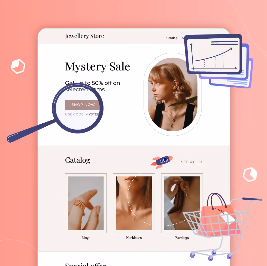 E-commerce landing page examples featuring jewelry store promotions, mystery sale discounts, and special offers with modern email design.