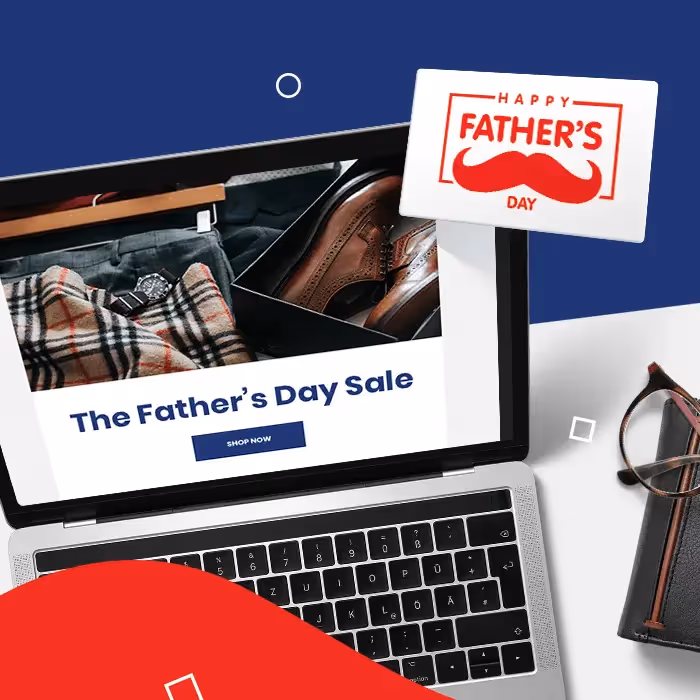 Father’s Day sale email on a laptop screen with men’s shoes, belt, and plaid shirt beside a Happy Father’s Day card.