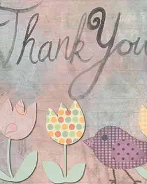 Whimsical thank you card with tulip flowers and a stitched purple bird, ideal for customer appreciation or gratitude-themed emails.