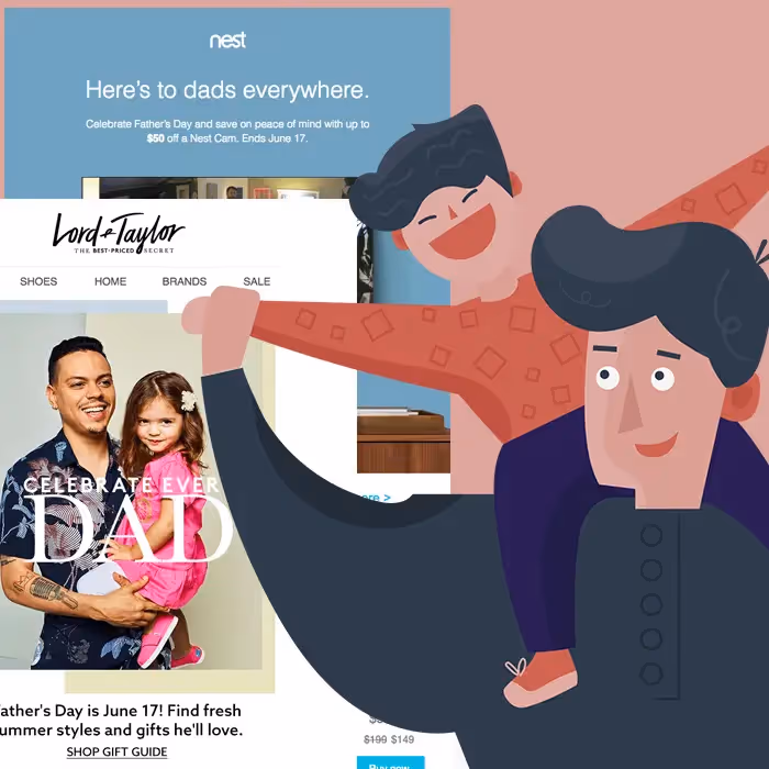 Cartoon dad and child beside two Father’s Day email previews: Nest Cam $50-off promo and Lord & Taylor gift guide.