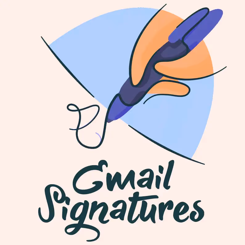 Illustration of “Gmail Signatures” text with a hand drawing script using a pen.