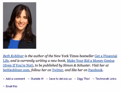 Author bio section featuring Beth Kobliner with headshot and links to her books, website, Twitter, and Facebook, plus social sharing options.