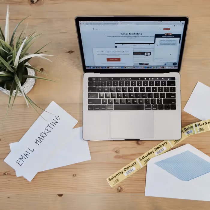 Top view of desk with laptop showing an email marketing dashboard, campaign sheets, yellow delivery tape and succulent plant