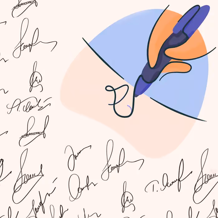 Illustration of hand writing signatures, representing tutorial on how to create a custom email signature in BEE.
