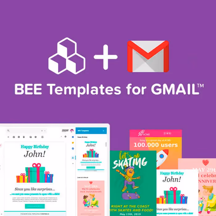 Graphic showing BEE and Gmail logos with sample templates, representing a tutorial on using BEE email templates in Gmail.