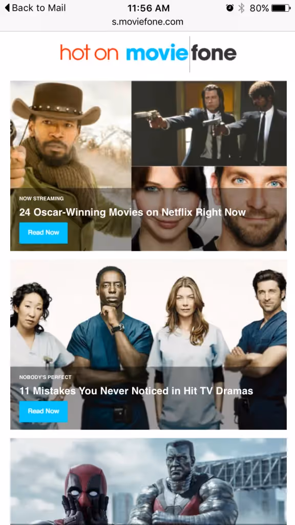 Moviefone email featuring trending articles with movie stills and blue “Read Now” buttons for streaming and TV drama content.