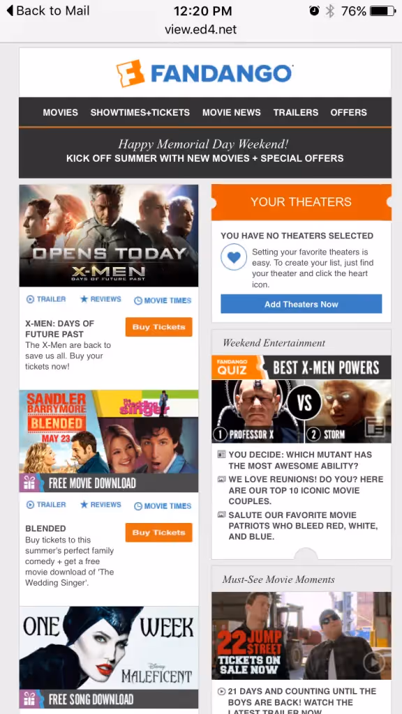 Fandango Memorial Day email with movie promos, theater selector, quizzes, and free downloads for Blended and Maleficent.