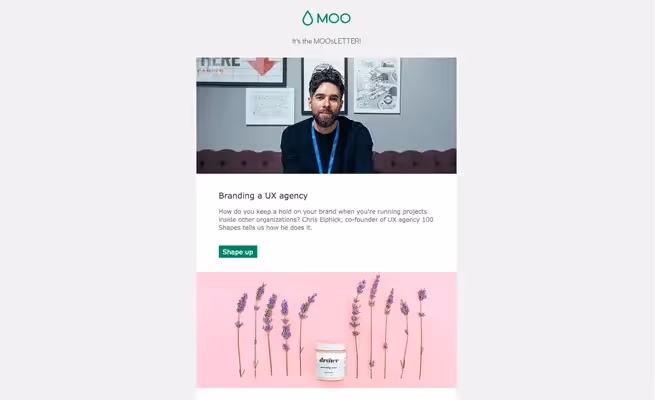MOO newsletter featuring Chris Elphick on branding a UX agency, followed by a minimalist product image with lavender and skincare on a pink background.