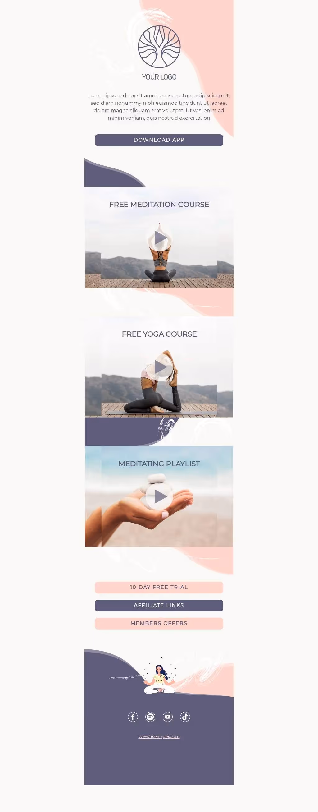 Wellness app promo with free meditation and yoga courses, playlist, 10-day trial, and call-to-action to download the app.