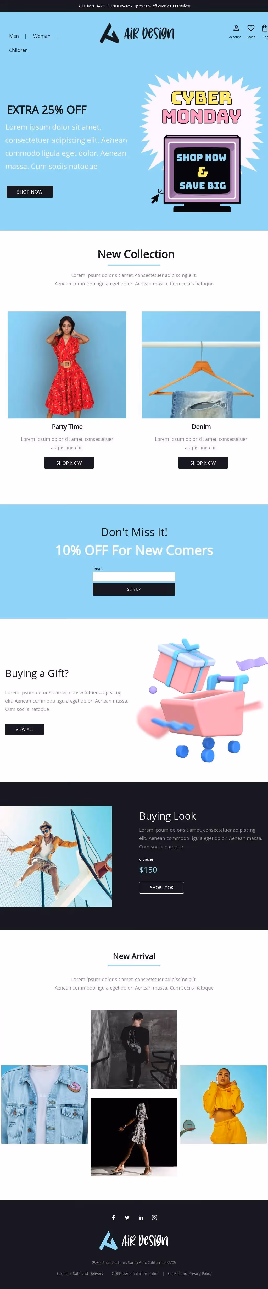 Cyber Monday fashion promo with extra 25% off, new arrivals, gift ideas, email signup discount, and stylish outfit showcases.