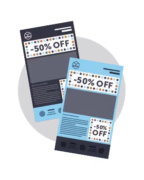 Email advertising coupons: Two overlapping 50% off coupons—a light blue and a dark gray version—with dotted borders set against an orange backdrop