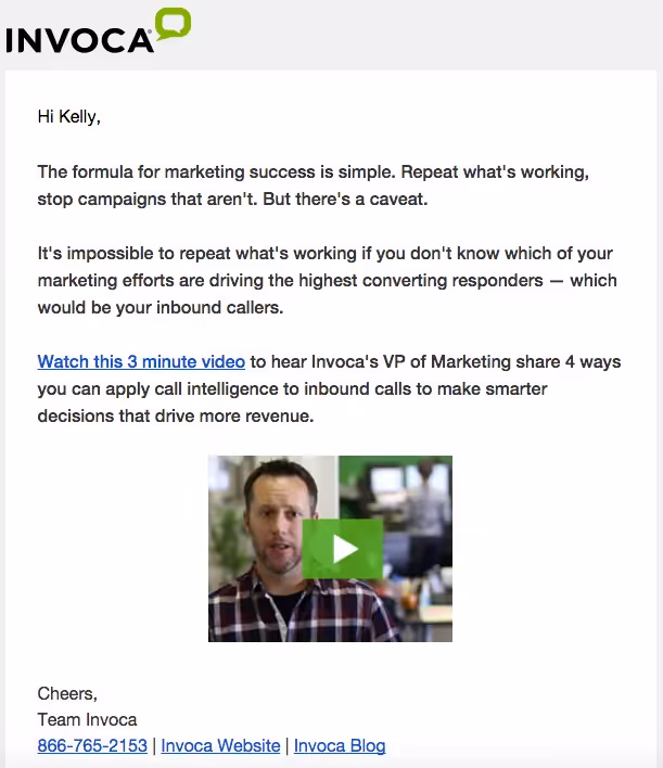 Invoca marketing email with a personalized intro, strategy tips, and a video thumbnail linking to a 3-minute clip on improving inbound call performance.
