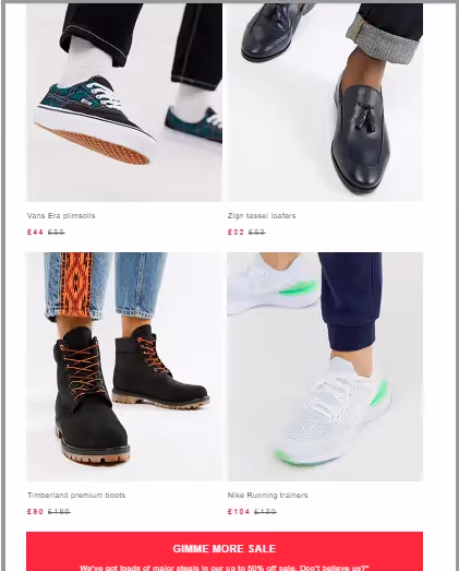 A stylish email showcasing discounted footwear, featuring brands like Vans, Zign, Timberland, and Nike with bold sale prices.