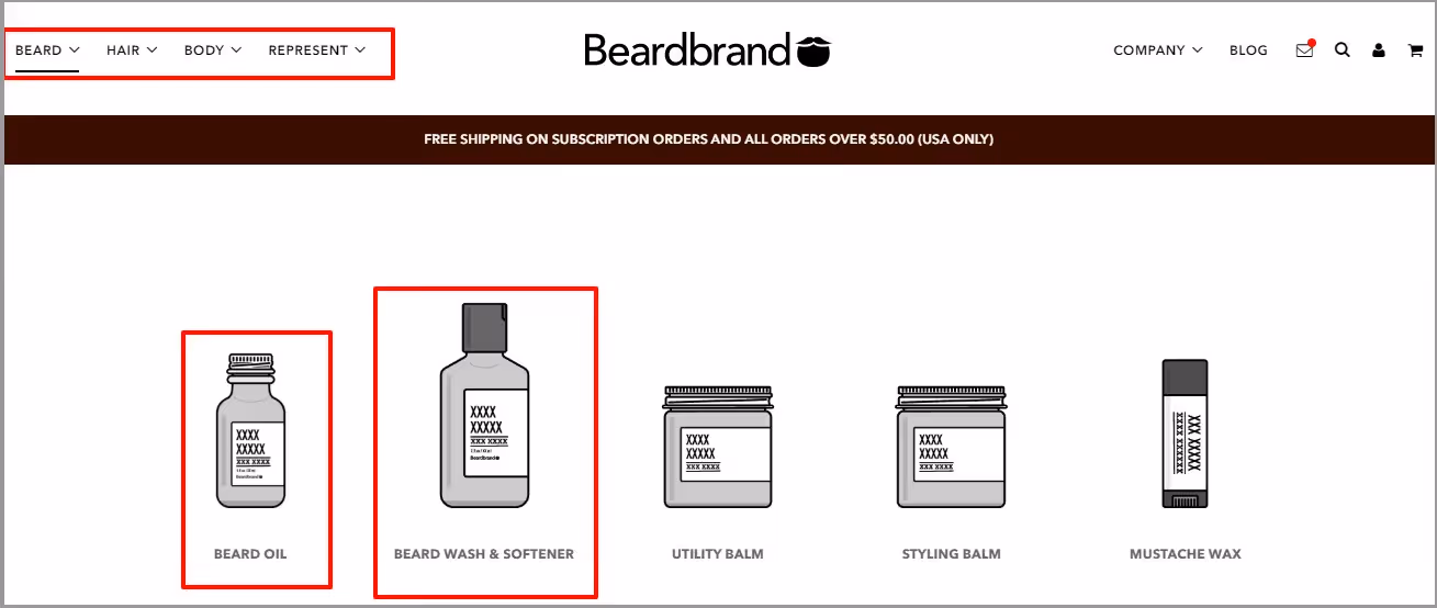 Beardbrand product page showing beard care items like beard oil, wash, balm, and mustache wax with clean illustrations.