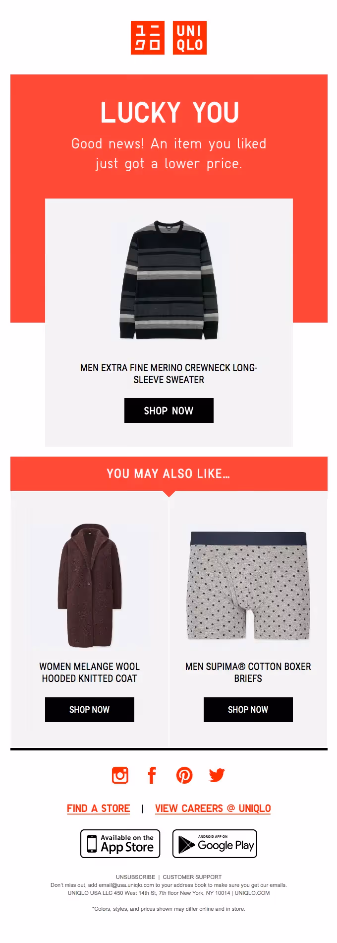 UNIQLO notifies you that a liked item dropped in price, with quick shop links and related product suggestions.