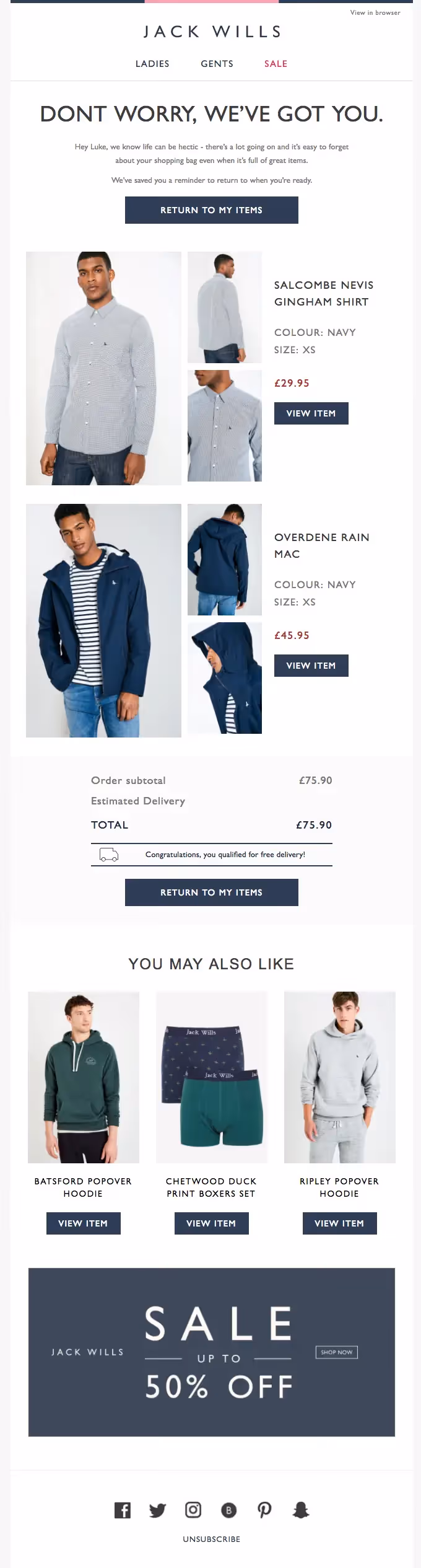 Jack Wills cart reminder with saved items, similar product suggestions, and a sale banner offering up to 50% off.