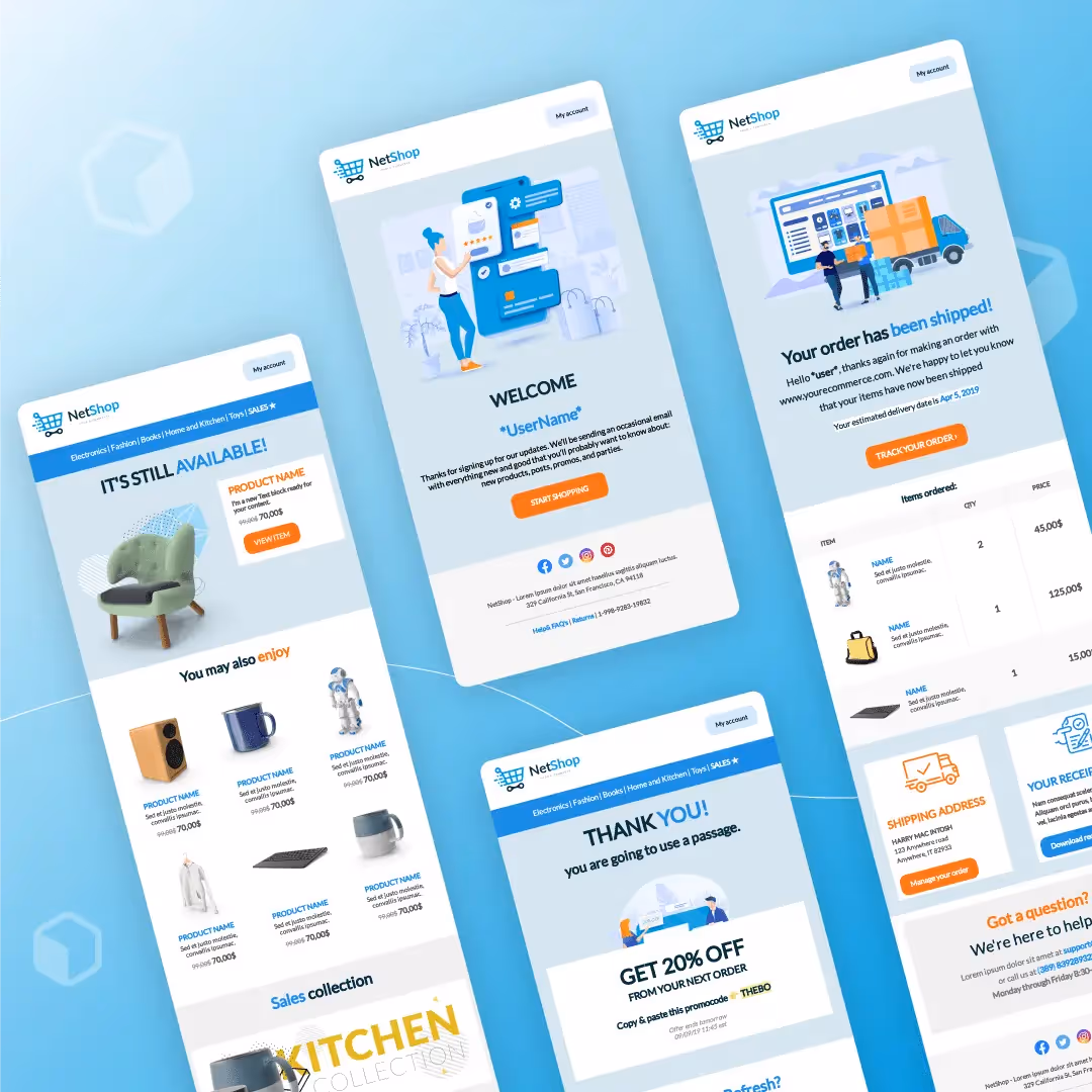 Blue ecommerce email examples: back-in-stock chair alert, thank-you 20% off promo, order shipped notice with truck icon.