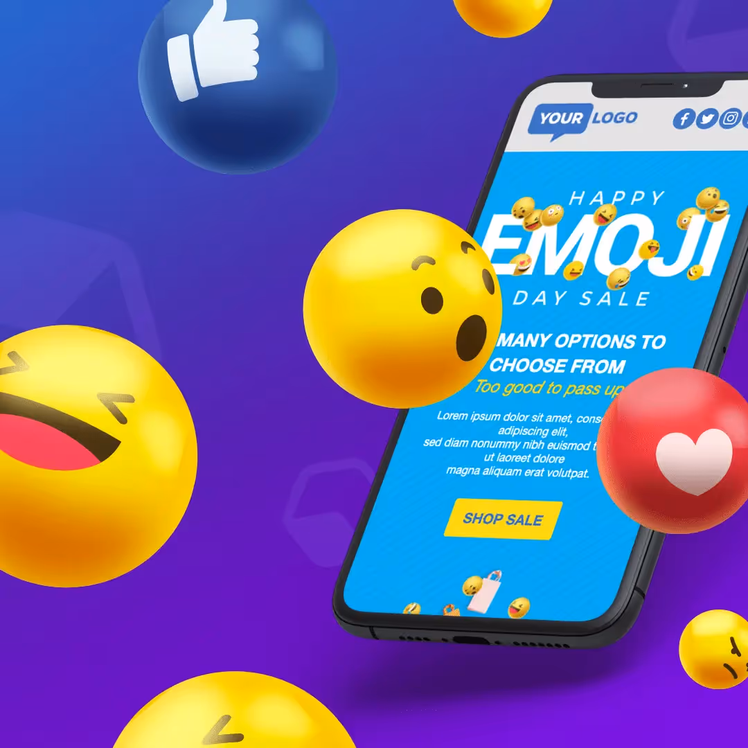 Smartphone screen displaying an email template titled “Happy Emoji Day Sale,” surrounded by floating emoji icons (laughing face, surprised face, thumbs-up, heart) on a purple background.