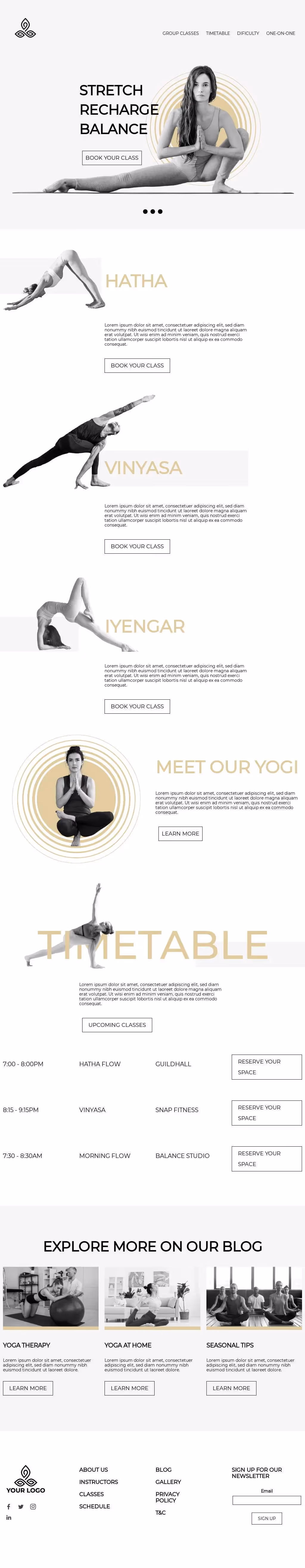 Yoga class landing page with session types (Hatha, Vinyasa, Iyengar), timetable, instructor intro, and blog highlights.