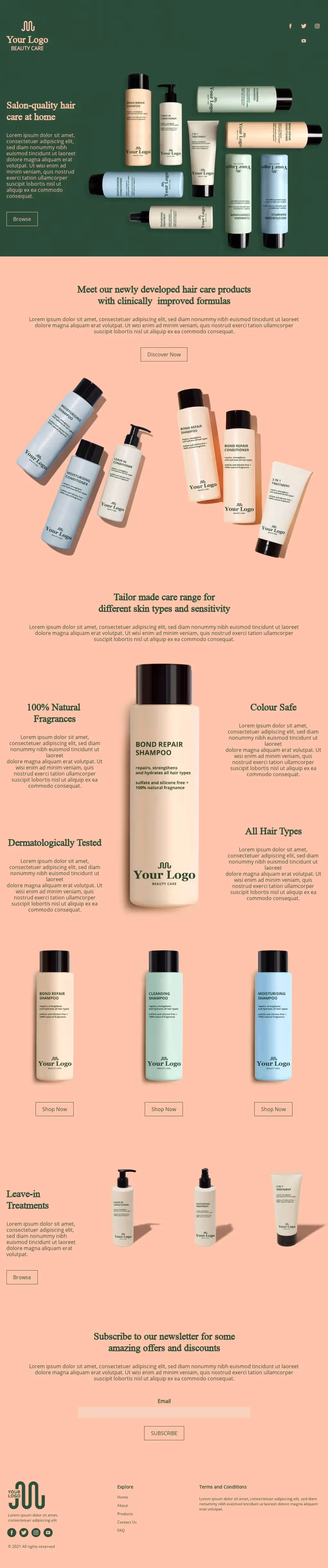Hair care product landing page with natural, dermatologist-tested formulas for all hair types and newsletter signup.
