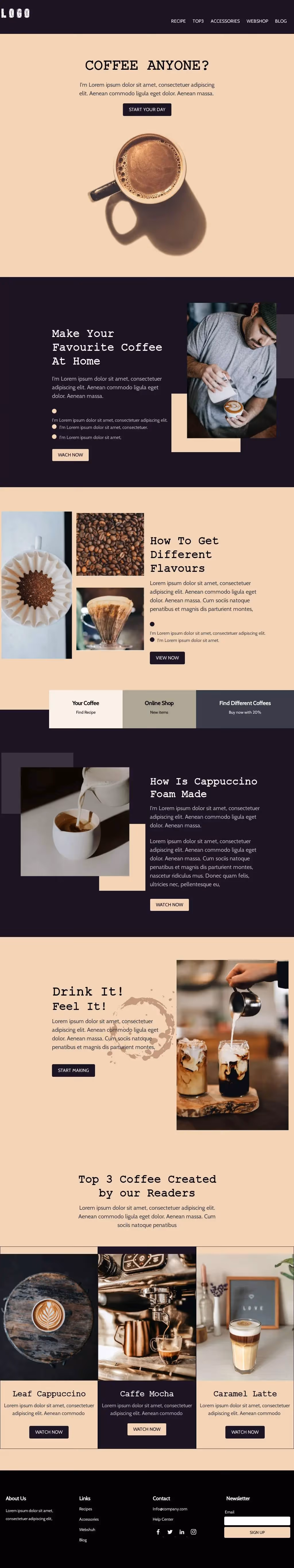 Coffee-themed blog page featuring brewing tips, flavor guides, cappuccino foam tutorial, and top 3 reader-favorite drinks.