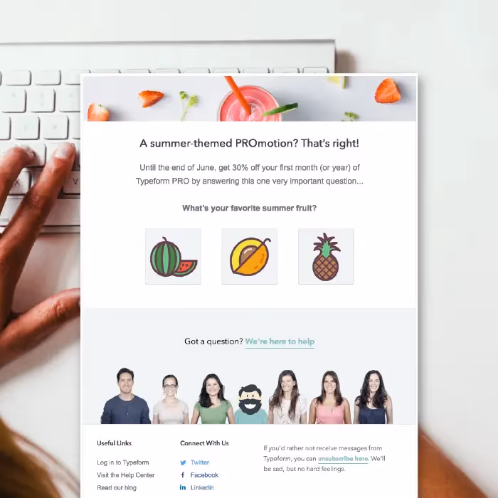 Survey email with happy and sad face icons asking about flight check-in and a fruit-themed summer promo poll.