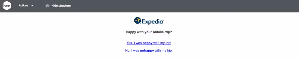 BEE tool Expedia one-question survey email